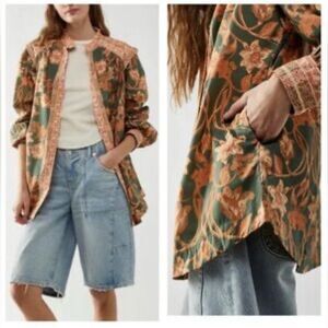 NWT Free People Multicolor Forest Combo Floral Shirt with Pockets on Side